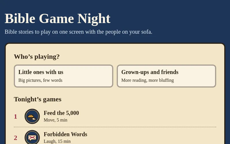 Bible Game Night menu on a laptop: a Who's playing? choice, tonight's four games ending with the Blessing Round, and a Play now button.