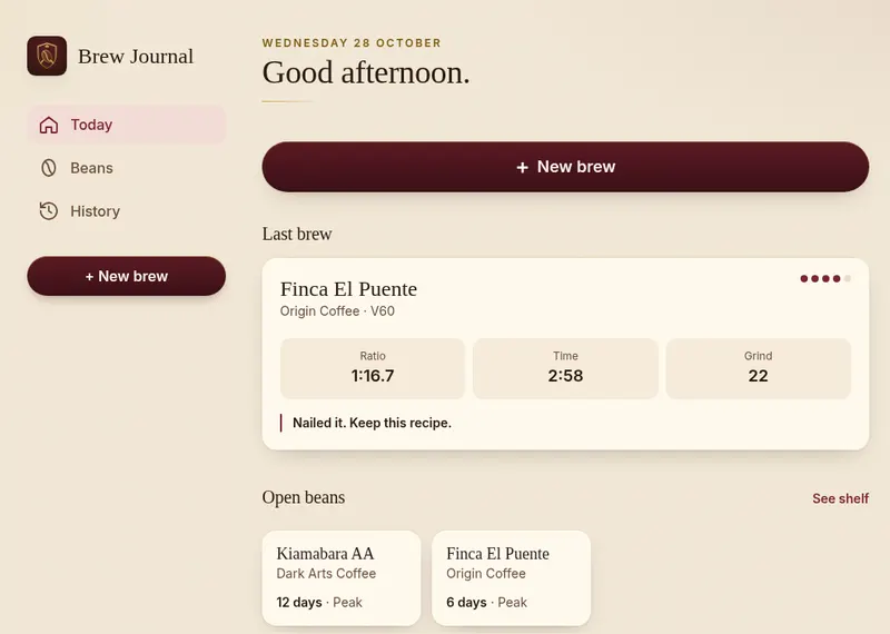 Brew Journal home screen showing a New brew button and the last brew, Finca El Puente on a V60, with its ratio, time and grind setting.