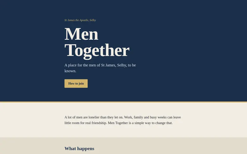 Men Together landing page: a navy header with the title Men Together and the line 'A place for the men of St James, Selby, to be known', above a gold How to join button.