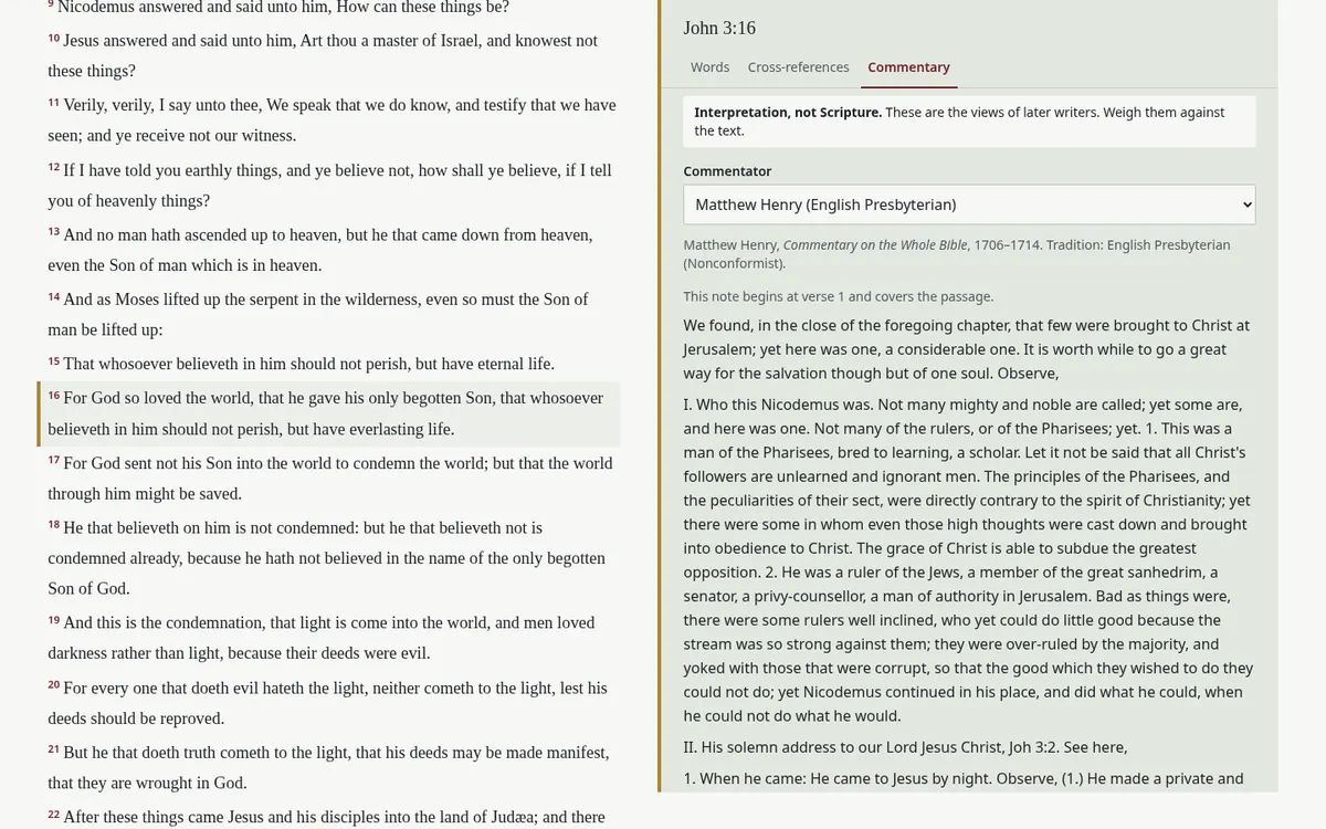 John 3:16 in the KJV beside a Matthew Henry commentary panel headed 'Interpretation, not Scripture'.