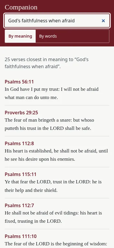 Search by meaning on a phone, showing verses closest to 'God's faithfulness when afraid'.