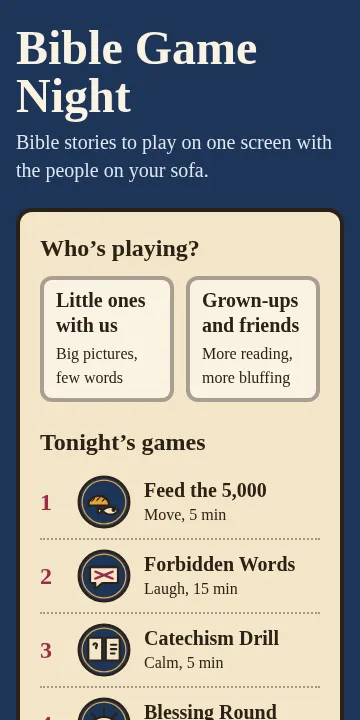 Bible Game Night menu on a phone, showing Who's playing? and tonight's games.