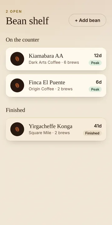 Bean shelf listing coffees with roaster and roast date.
