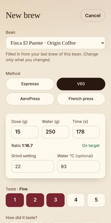 New brew form with ratio, grind and time fields.