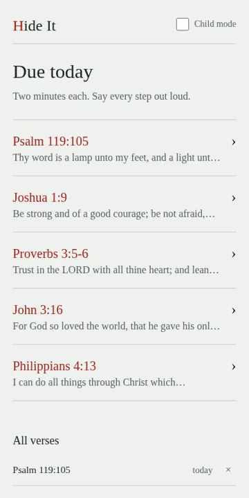 Hide It home screen listing verses due today.