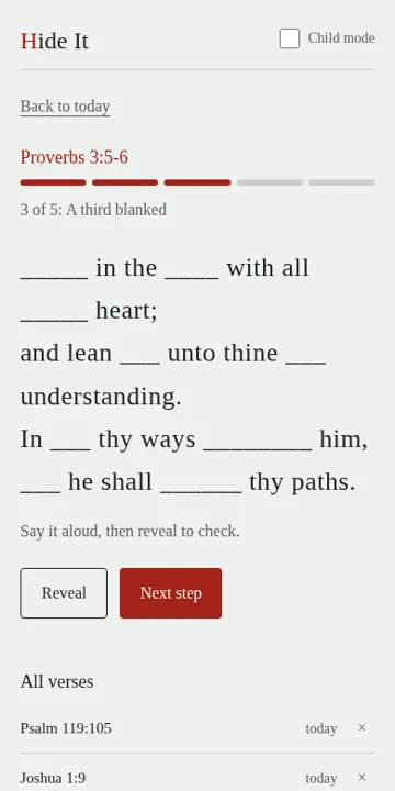 Practice step with words faded to first letters.