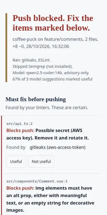 Results page on a phone, with must-fix items above model suggestions.